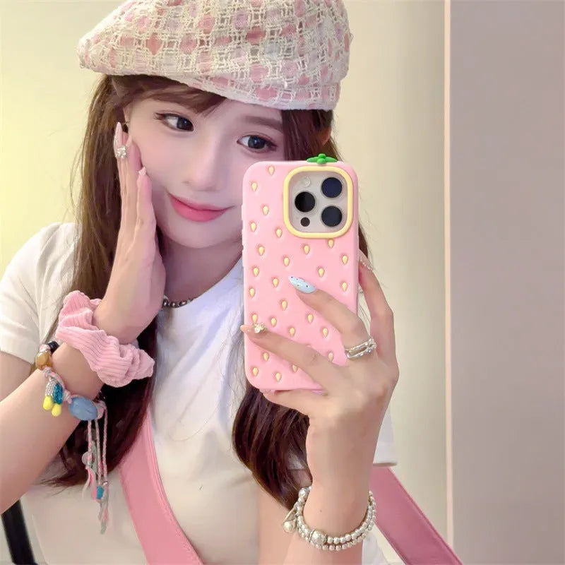 Pink strawberry silicone phone case for iPhone, soft shell with fall protection