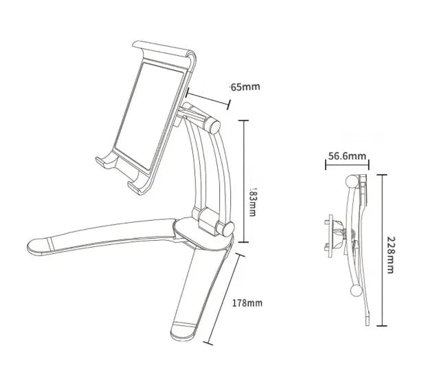 Silver aluminium desktop tablet stand holding a tablet, showing 360-degree rotation and dual adjustable clip design.