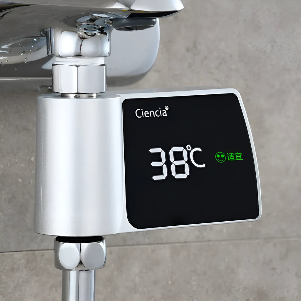 Plastic visual shower faucet water thermometer in black, no power consumption, 16x11.5x5cm