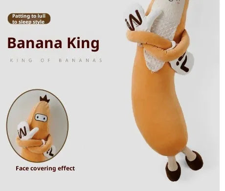 Yellow Banana King soft plush sleeping pillow toy in banana shape with mesh bag, available in three sizes
