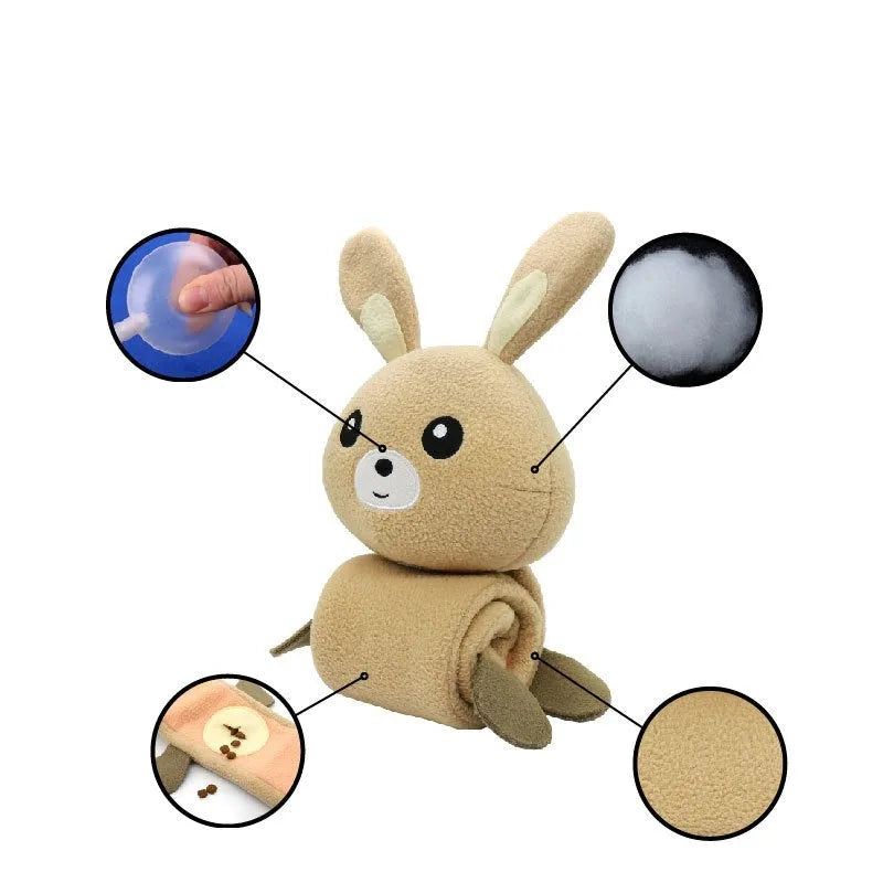 Plush fleece rabbit dog snuffle toy with treat compartments and squeaker, shown on a white background.