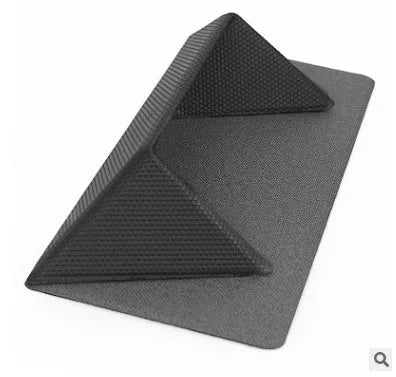 Blue portable laptop cooling bracket with anti-slip surface, shown open in use and folded for storage.