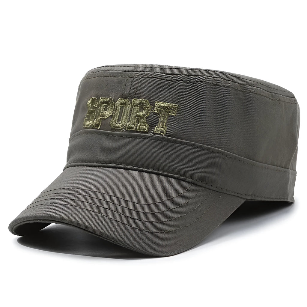 Men's cotton flat-top peaked cap in army green with adjustable size and English letters