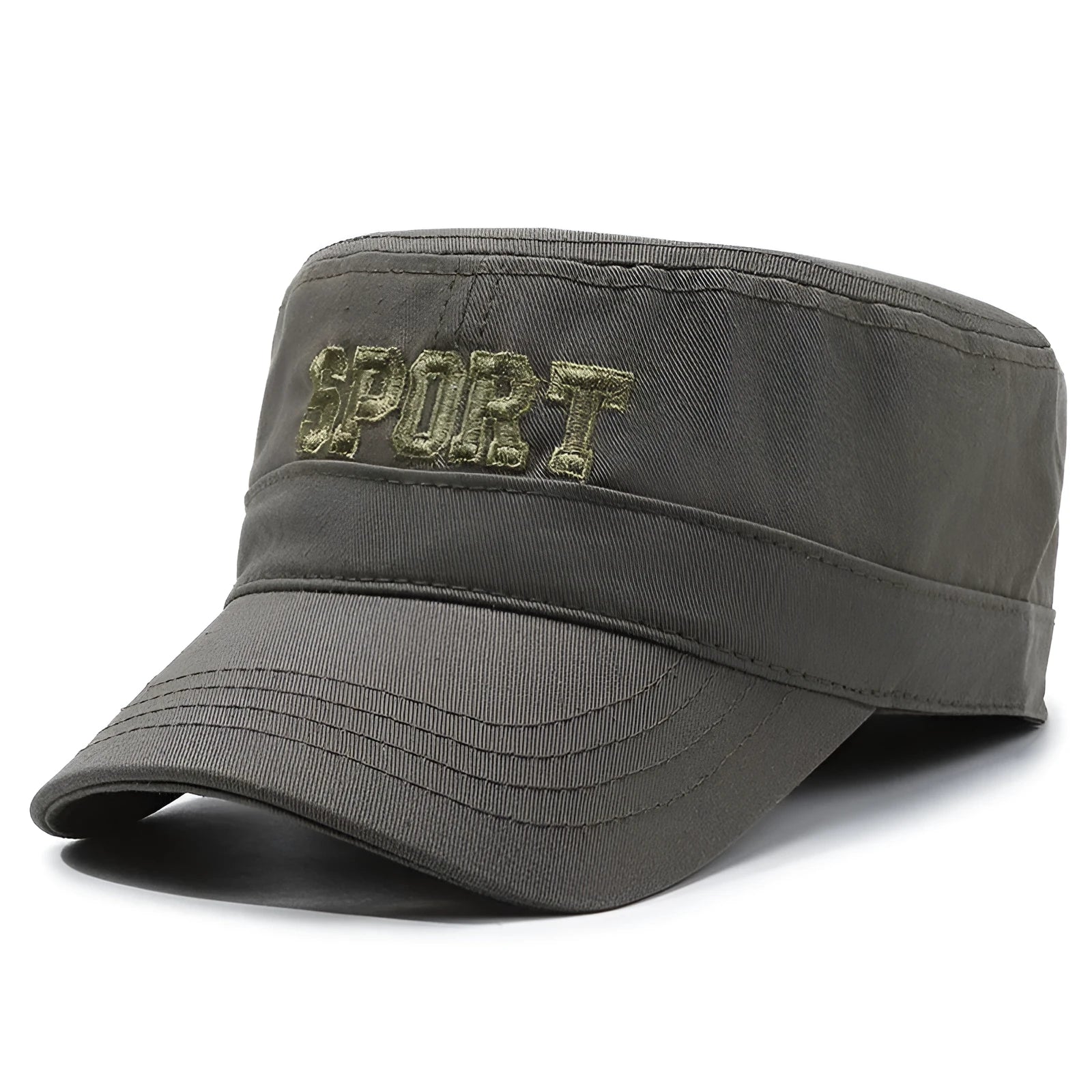 Men's cotton flat-top peaked cap in army green with adjustable size and English letters