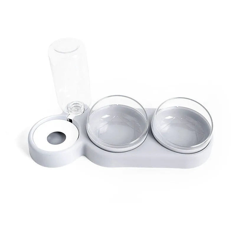 Double bowl automatic pet feeder with 360 degree rotation and tilt for cats in grey colour