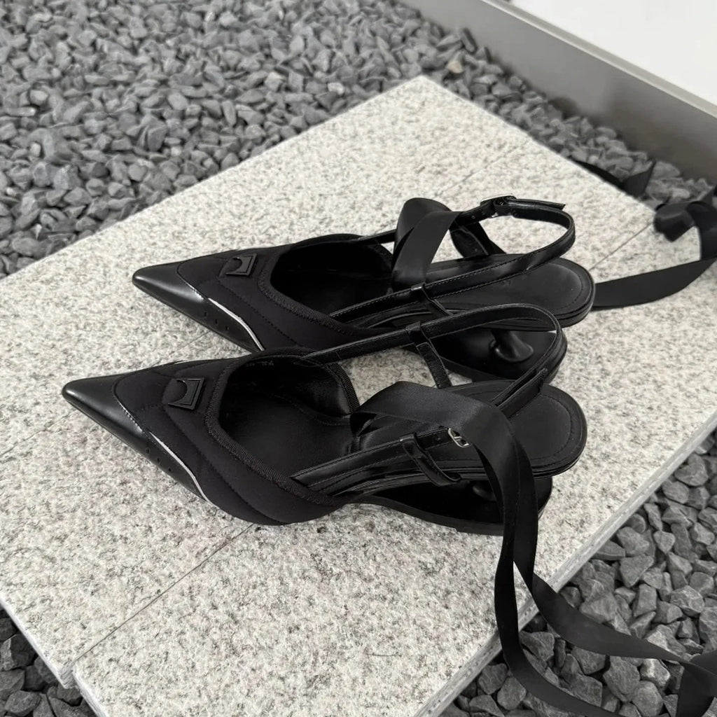 Women's black and pink special-shaped root lace-up high heels showing heel detail and lace fastening
