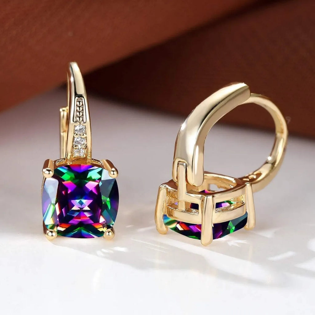 Geometric ear clips with square colourful moissanite inlays and electroplated gold finish