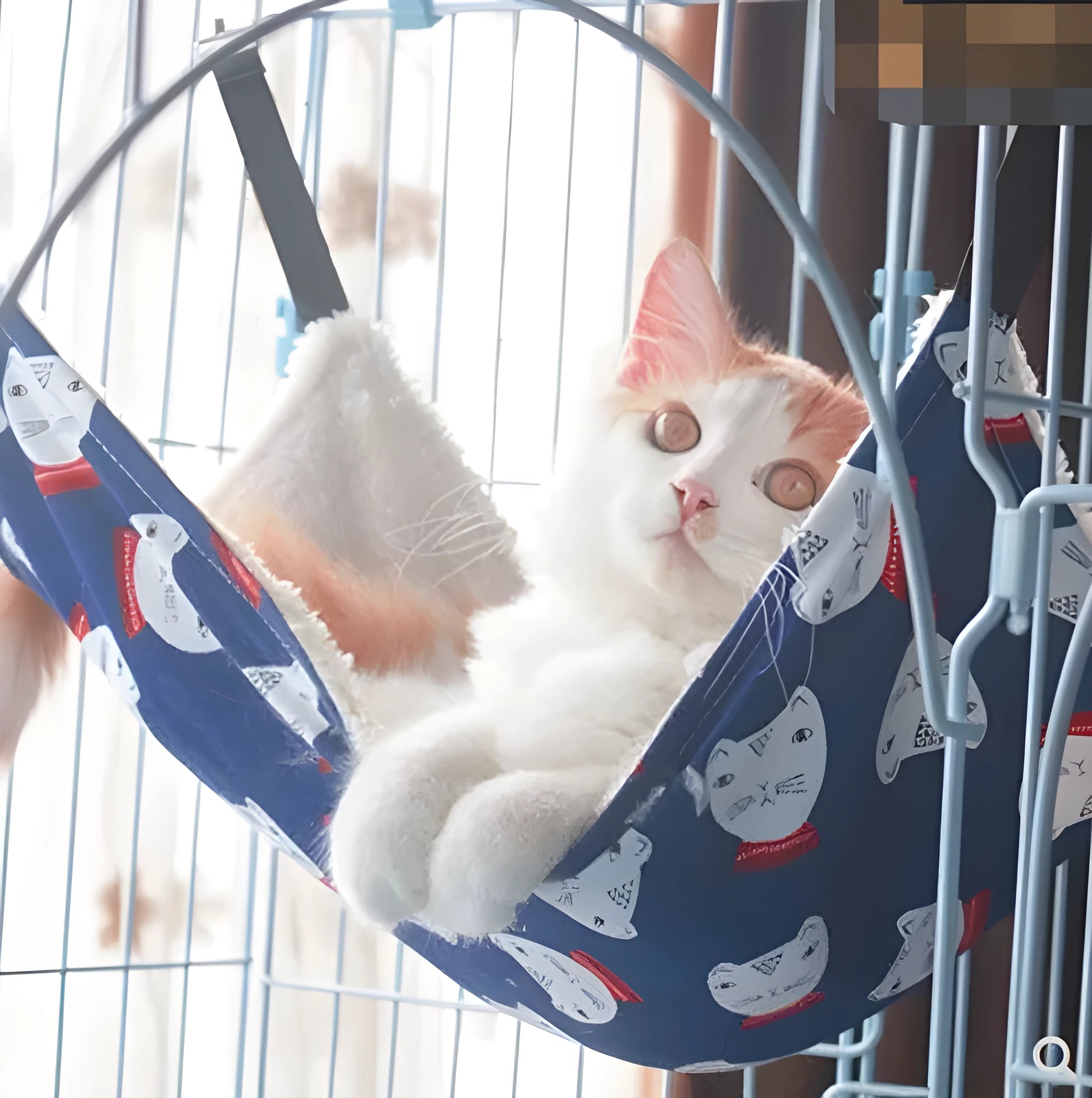 Double-sided lambskin cat hammock nest hanging in a cat cage with beige cat print pattern