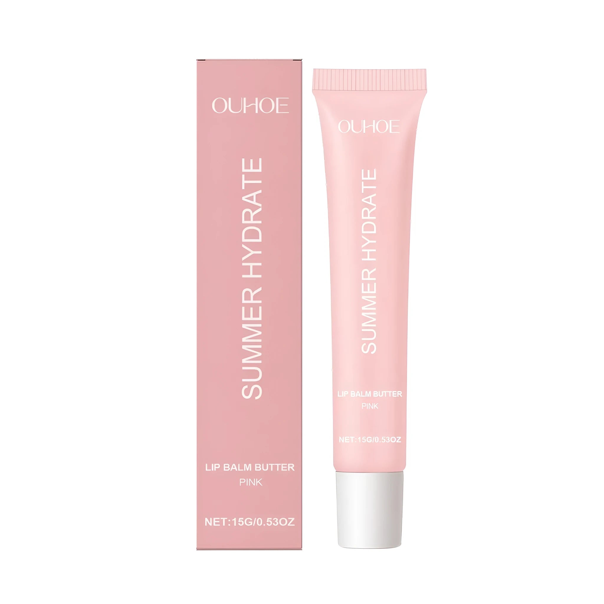Pink shea butter lip balm stick in twist-up packaging on a white background.
