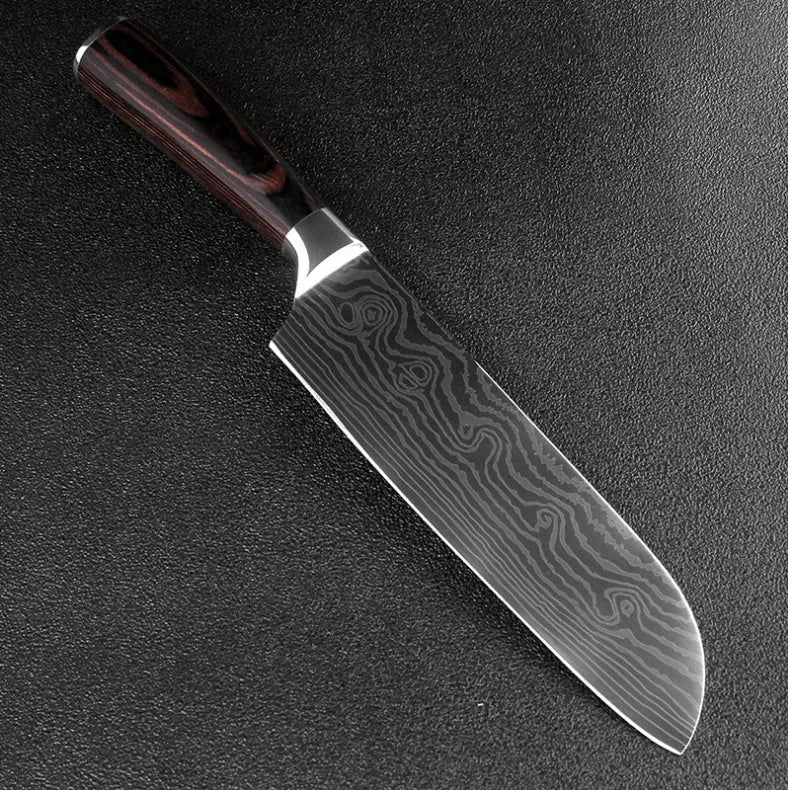 Carpenter's Special kitchen knife with laser Damascus pattern blade and coloured wood handle