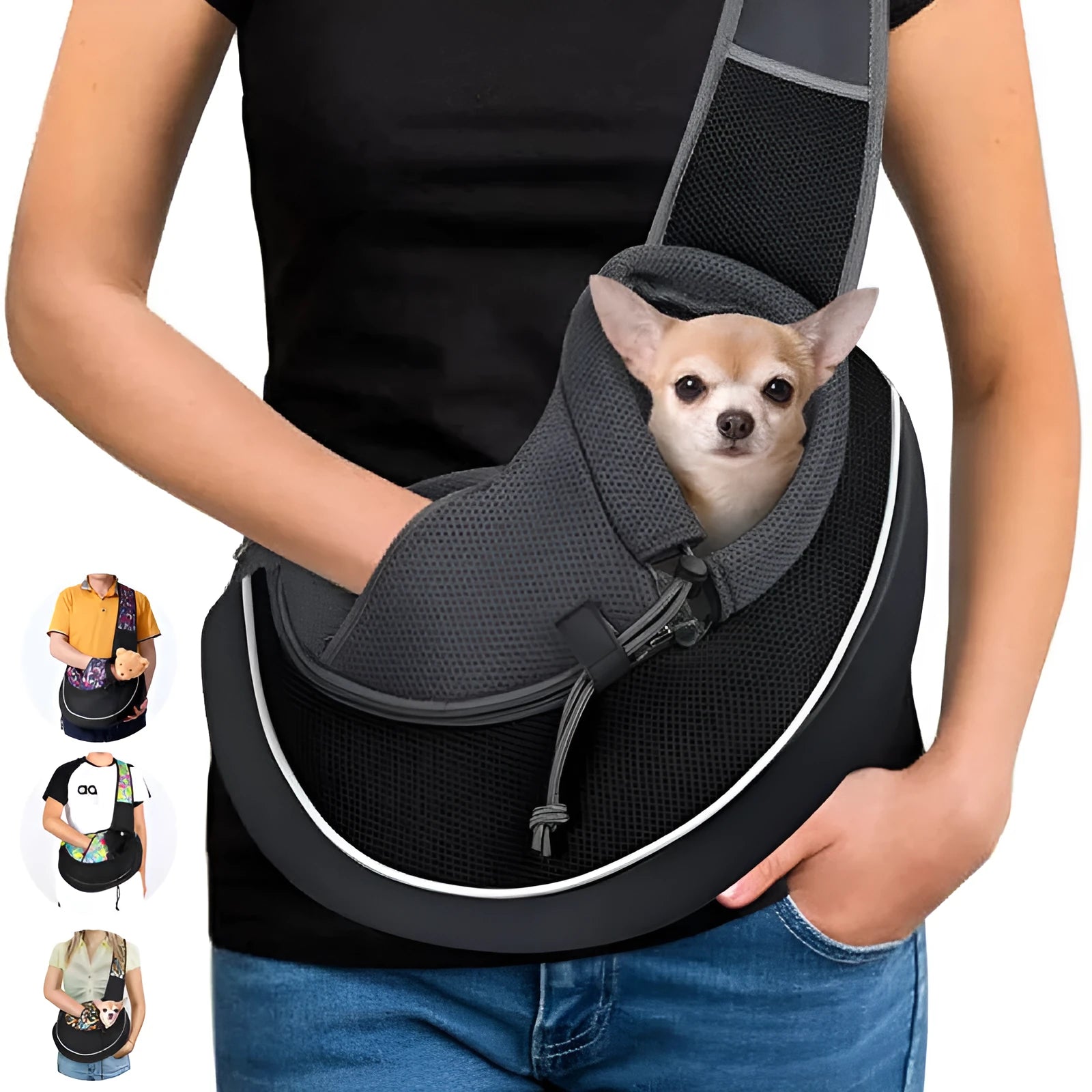 Portable crossbody pet carrier bag for dogs and cats, black, S size, Oxford material, with drawstring closure and zippered bottom