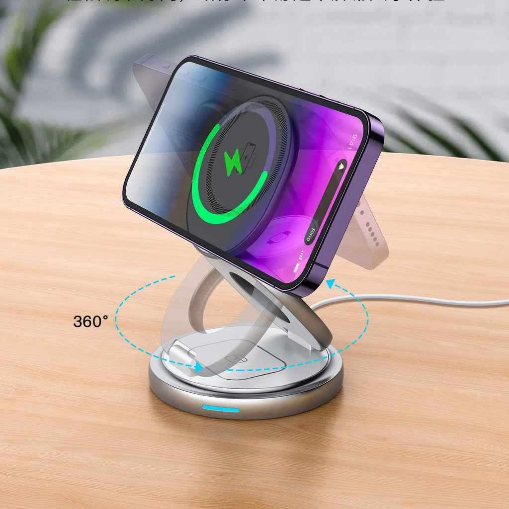 3-in-1 magnetic folding wireless charger stand in grey, with phone and headphones on a desk