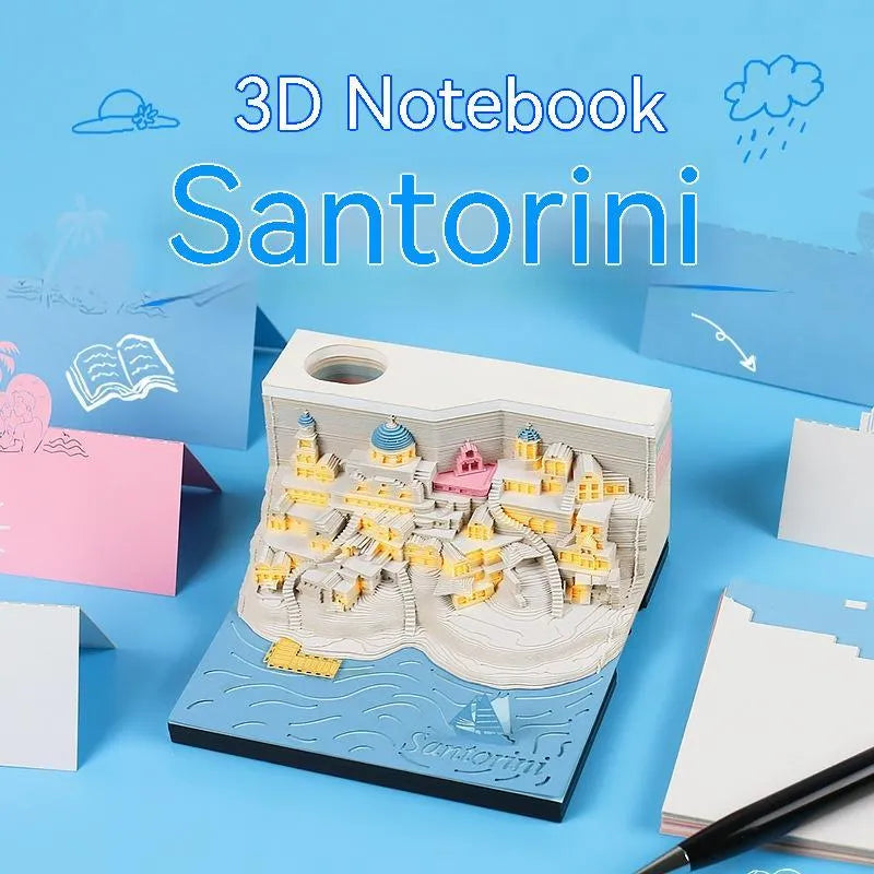 Santorini 3D paper carving notepad building model with lighting decoration showing beach scene design