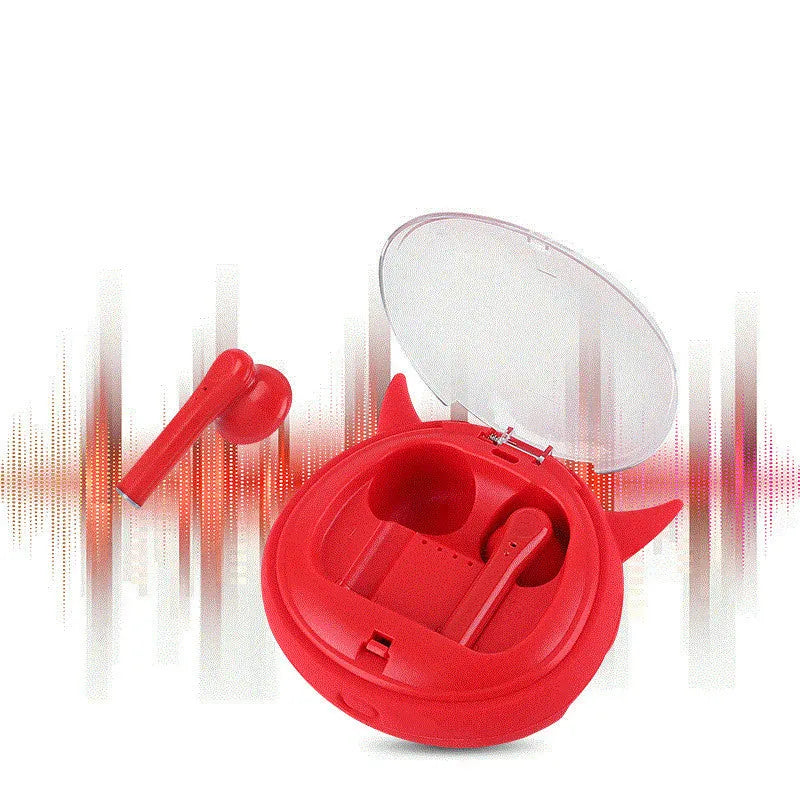 Macaron Red coloured TWS true wireless Bluetooth 5.0 in-ear headphones with charging case.