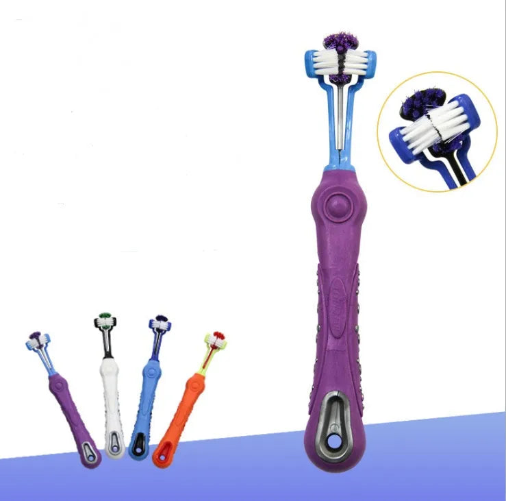 Three sided pet toothbrush with PP and TPR handle and nylon bristles, 17.1cm, for dog and cat teeth care