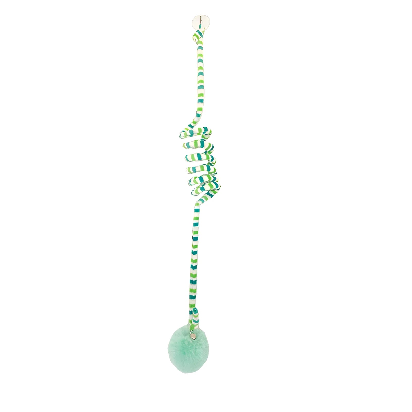Hanging cat toy with coloured inflatable ball and suction cup attachment for doors and windows