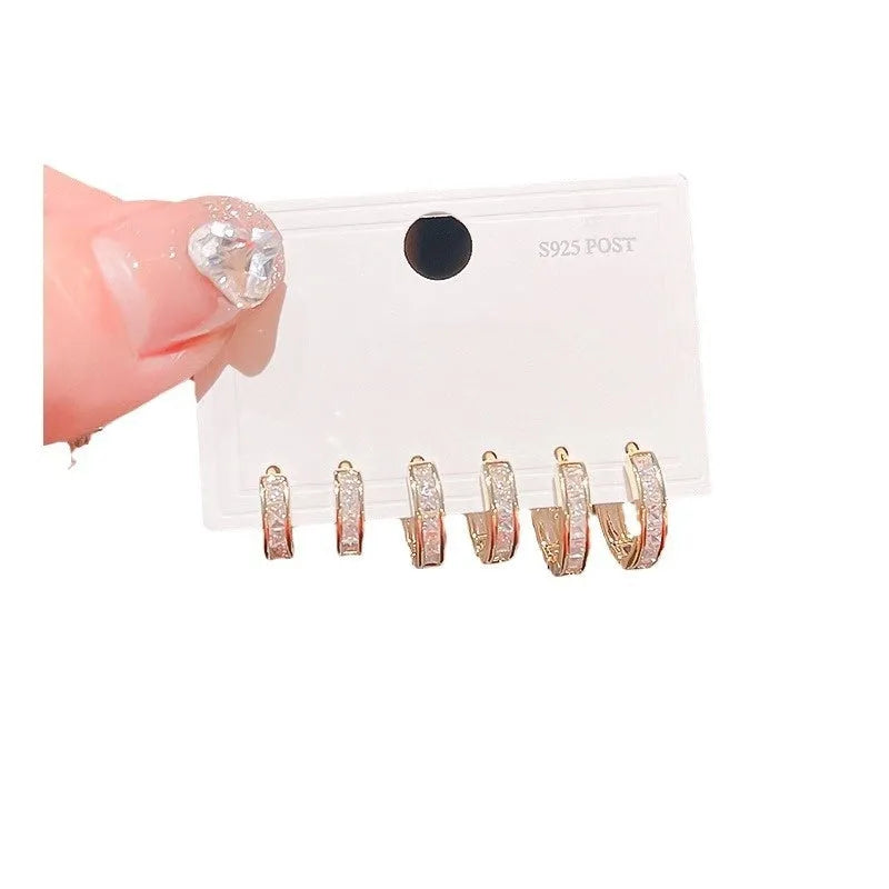 Geometric circle zircon ear buckle earrings, copper with electroplated finish, fashion OL style, 3 pairs
