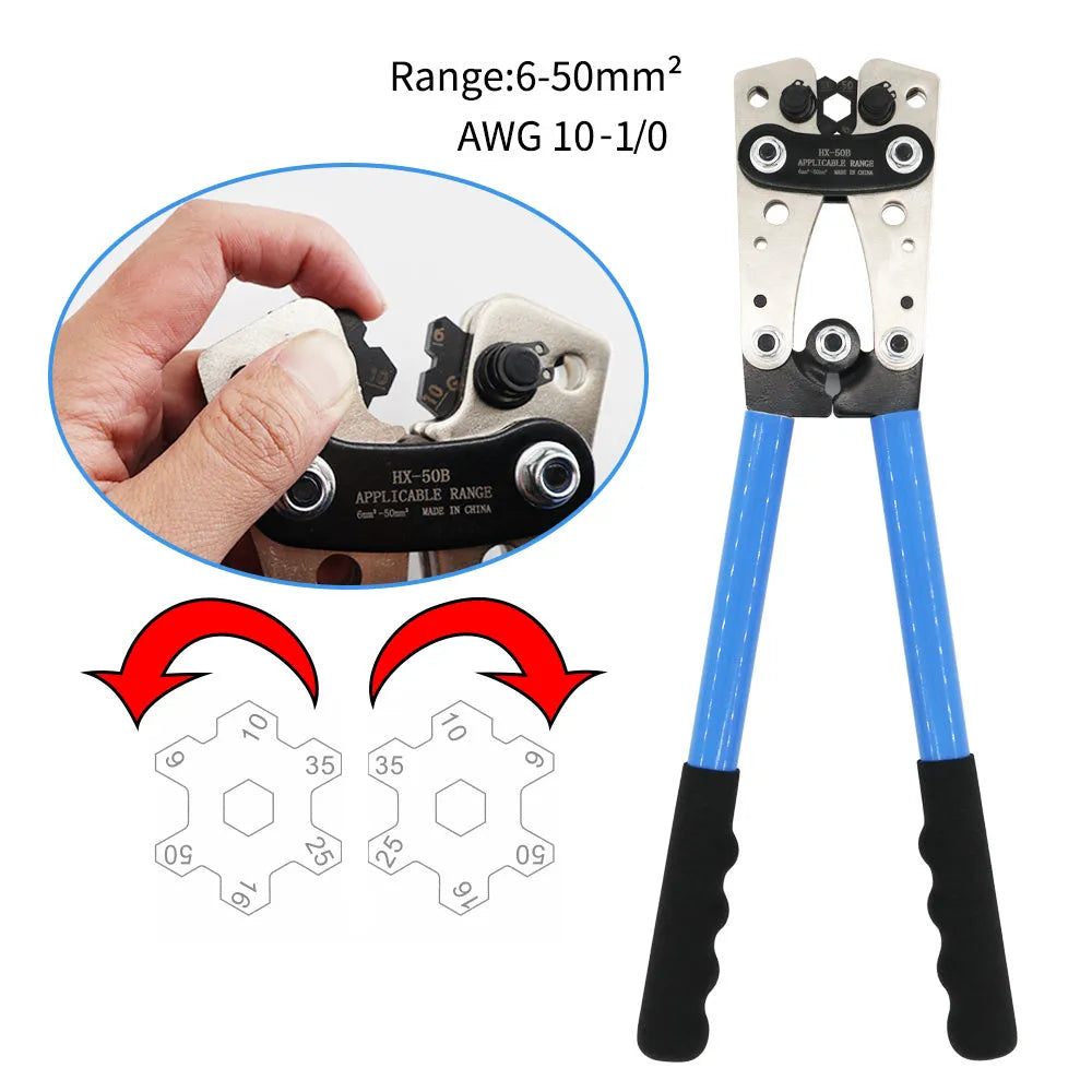 HX-50B aluminium cable crimping pliers with vinyl handles and integrated cable cutter