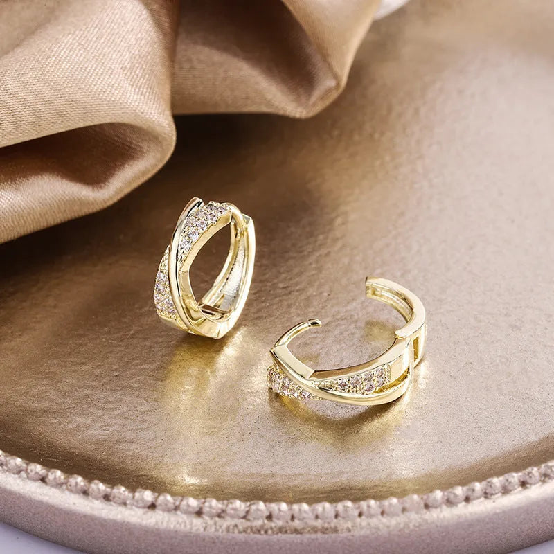 Geometric earrings with zircon embellishments in 14K yellow gold plating on copper