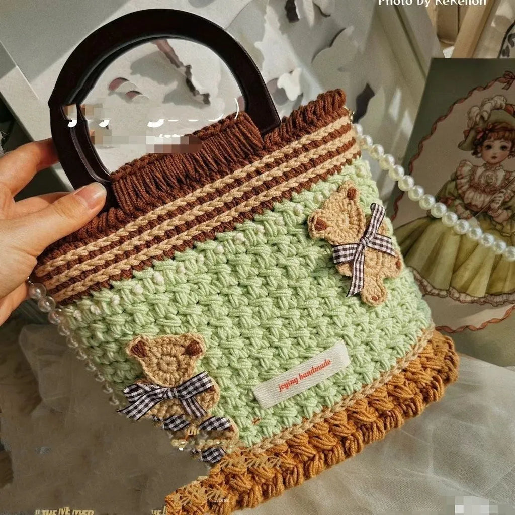 Handmade wool crocheted bear shoulder bag with detachable wooden handle