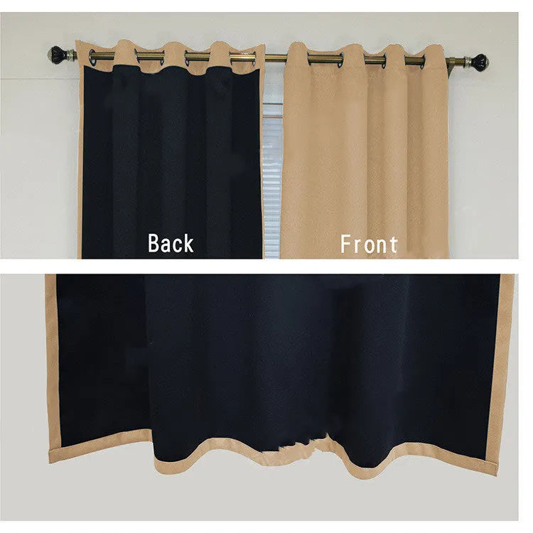 Full blackout polyester curtain with black lining, perforated top, beige colour, lying flat on surface