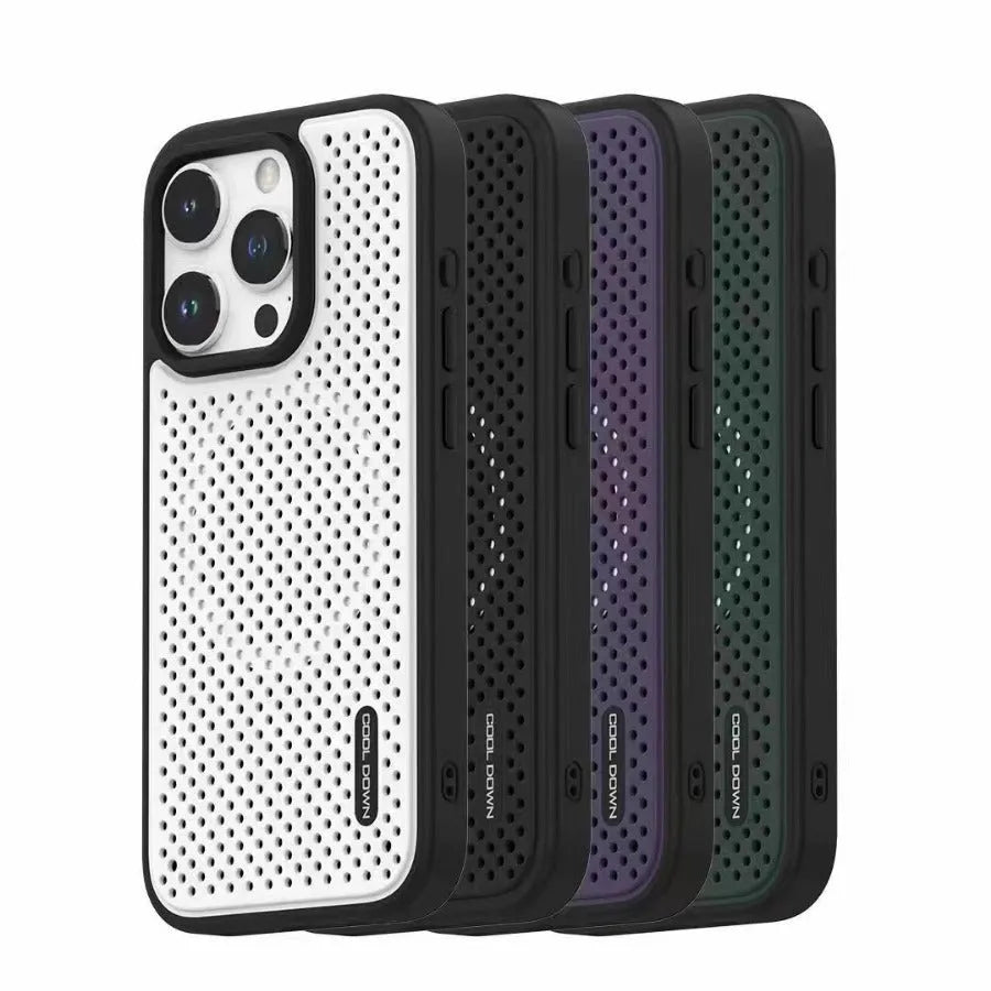 Cooling grid magnetic TPU phone case for Apple iPhone in white, black, purple, or pine needle green.