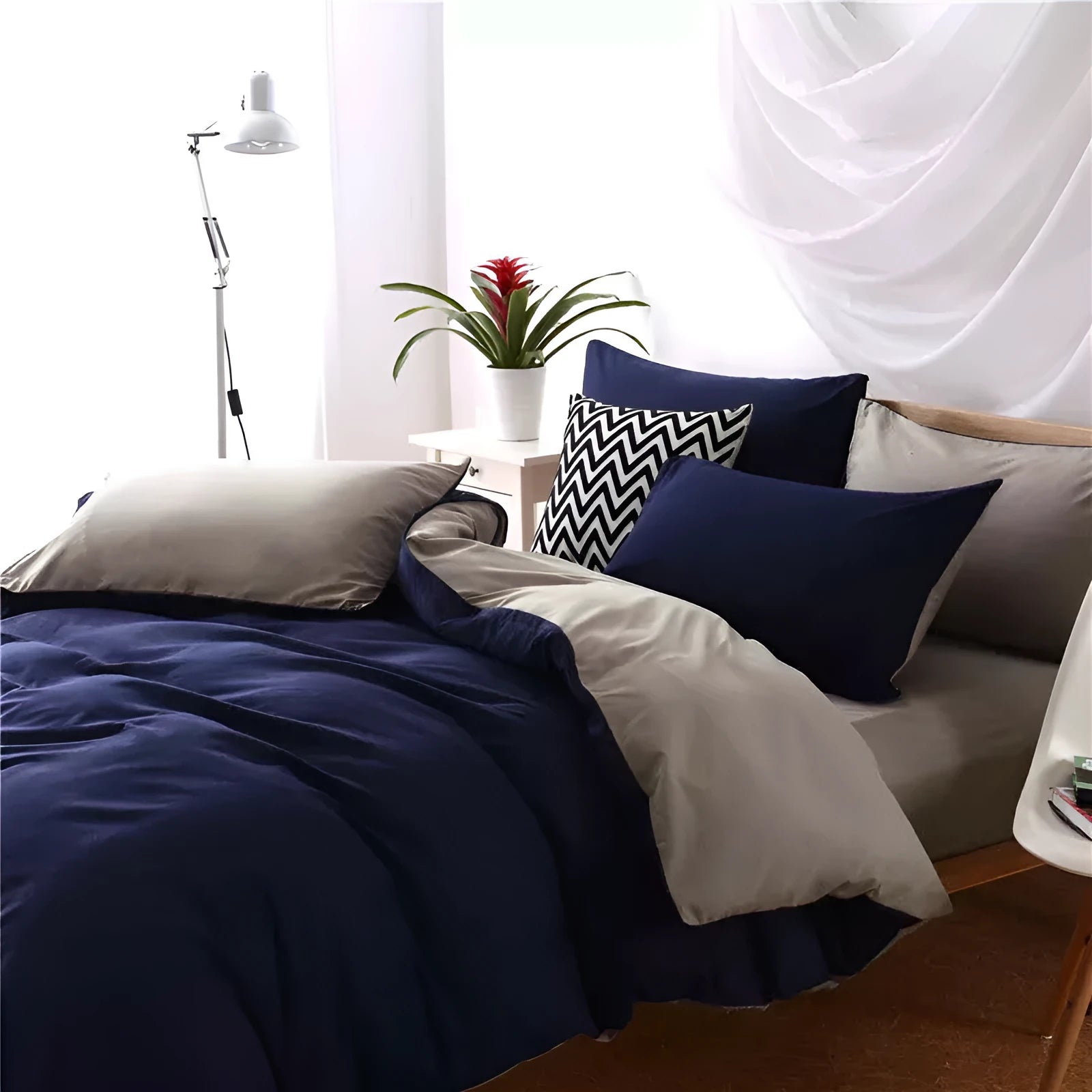 Four-piece polyester bedding set in a modern style for a 2m bed, shown in a choice of colours.
