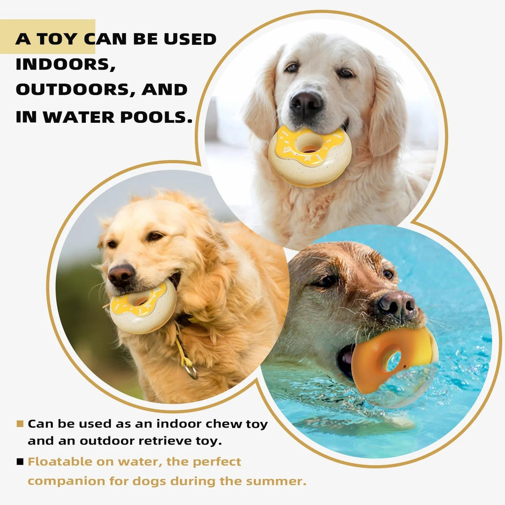 Pink, yellow, and chocolate TPR donut dog toy with squeaker for molar cleaning.