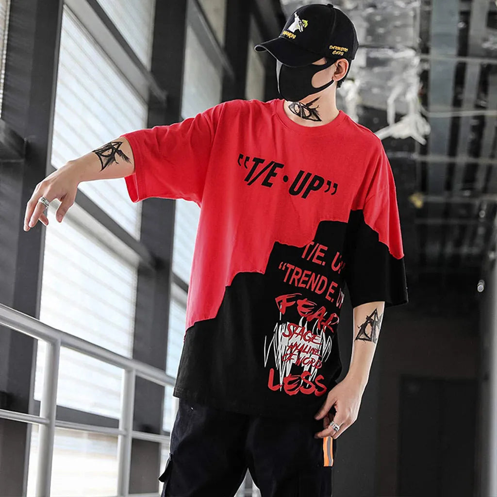 Short-sleeved polyester t-shirt in black and red, black and yellow or black and white, sizes M to XXL, bust 120-132cm