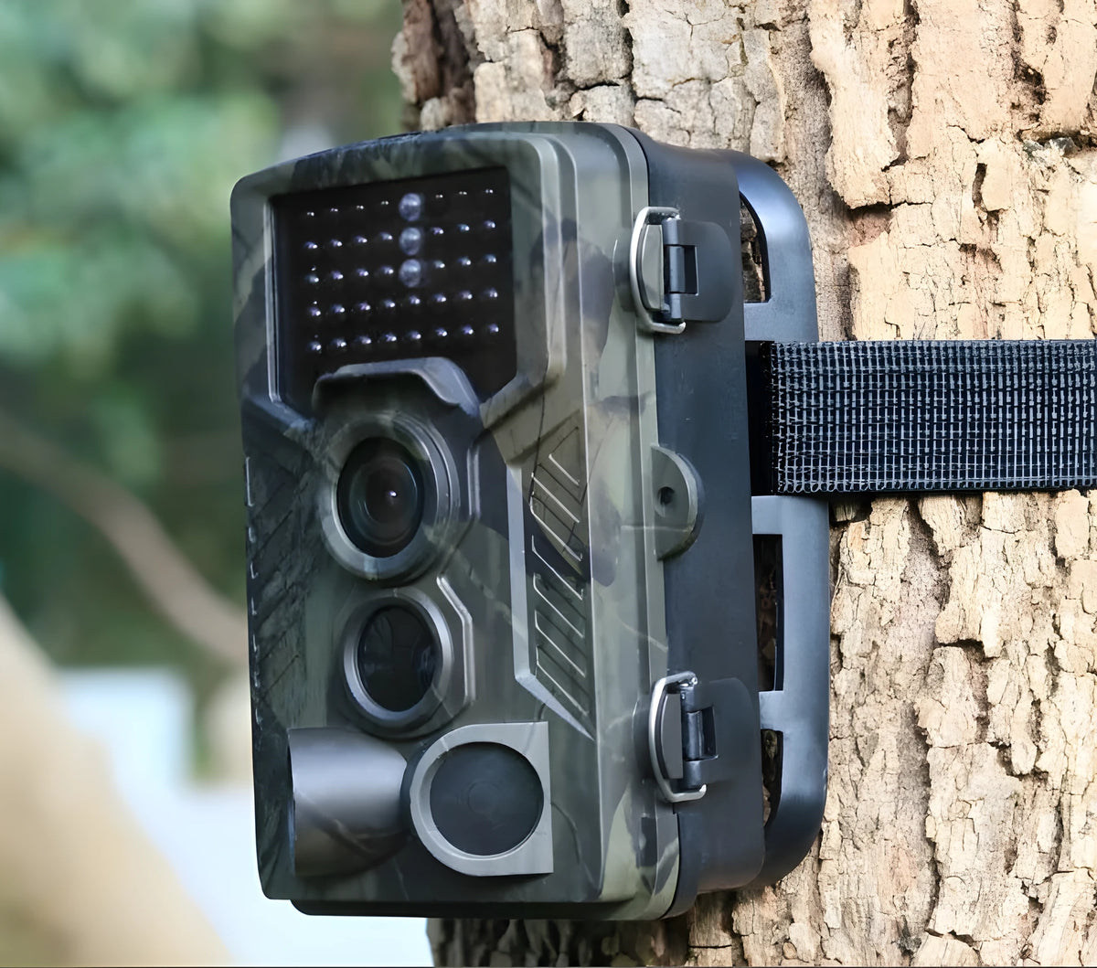 Wild hunting camera in Military Green with 2.0 inch LCD, HD 1080p, 12x optical zoom, and MicroSD slot