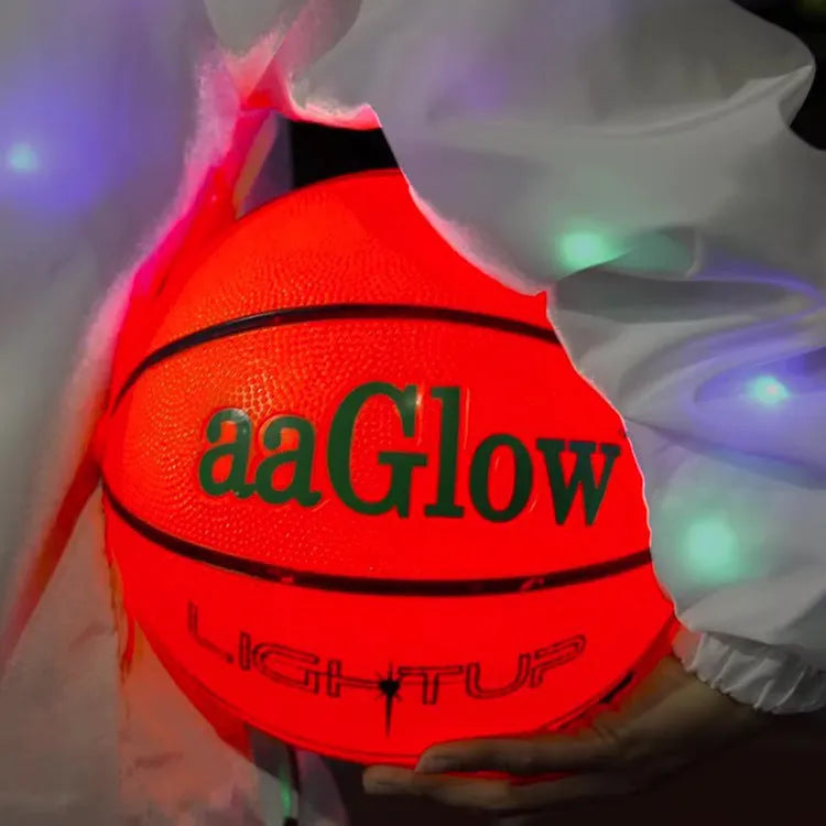 Orange LED luminous basketball, size 7, rubber, 9.5-inch diameter, glowing for streetball and gifts.