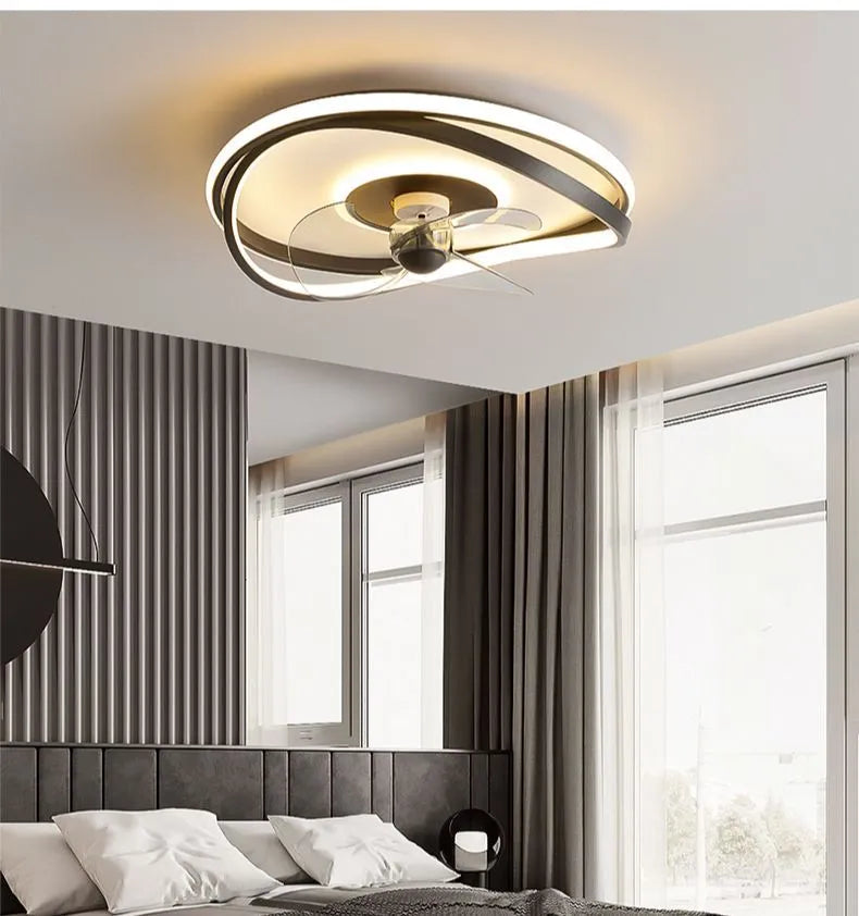 Modern black ceiling fan with integrated light in round, square, and annular styles.