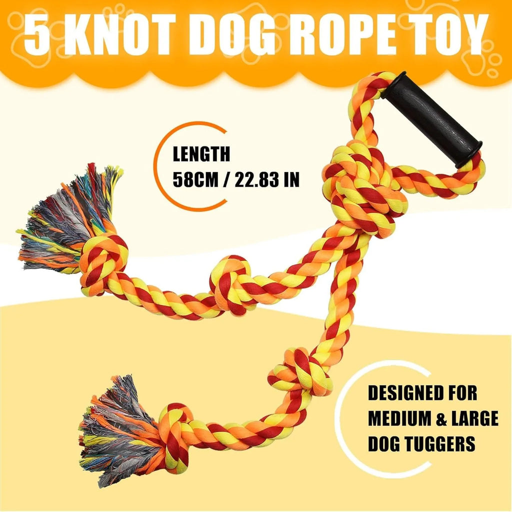 Blue and yellow cotton rope dog tug toy with a handle, shown next to a large breed dog.