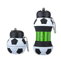 White football silicone collapsible water bottle with straw, 18oz BPA-free, leak-proof spout and carrying clip