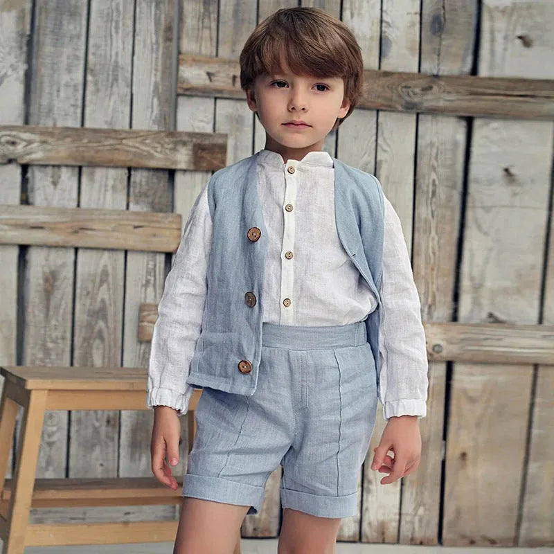 Baby long sleeve top in blue or white, cotton and linen fabric, casual neutral style, sizes 90cm to 130cm