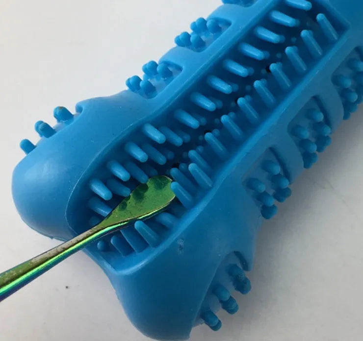 Bone-shaped silicone dog toothbrush with bristles on all sides and top toothpaste hole, in blue or green.