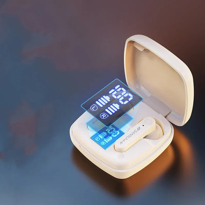 Pair of black semi-in-ear wireless Bluetooth earphones showing battery display.