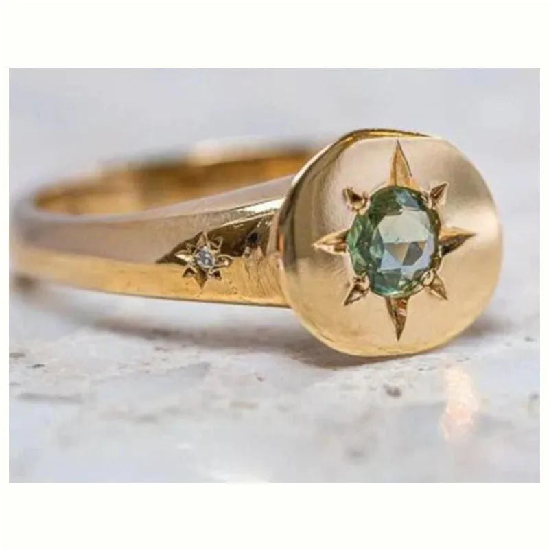 Gold adjustable opening ring with star shape and oval asterism zircon, zinc alloy