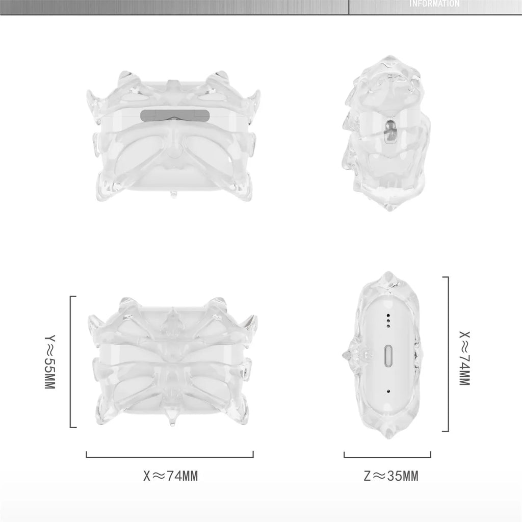 Transparent resin 3D printed earphone case for AirPods Pro 1 and 2, showing original design.