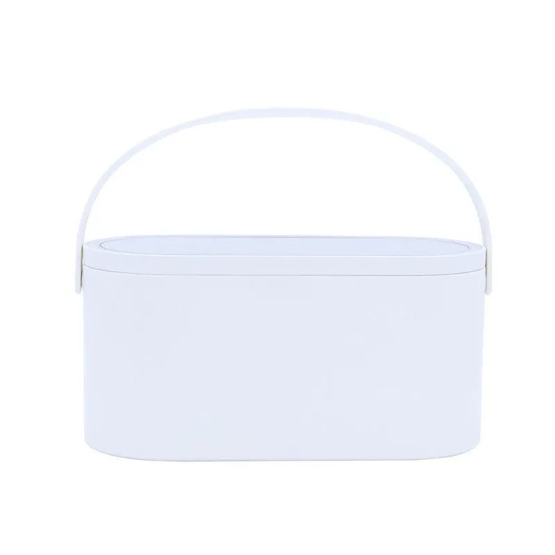 Portable pink beauty mirror with storage box and aluminium mirror lens