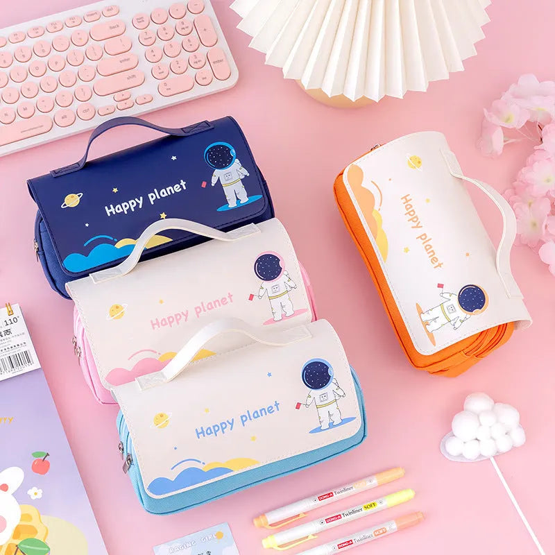 Canvas pencil case 21x10cm with cartoon planet flip design in navy blue, blue, pink or orange.