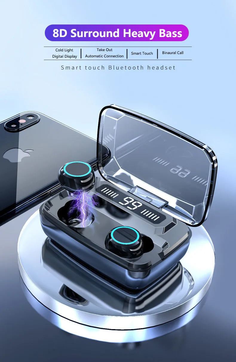 Black M11 style Bluetooth wireless headset with digital display and phone holder.