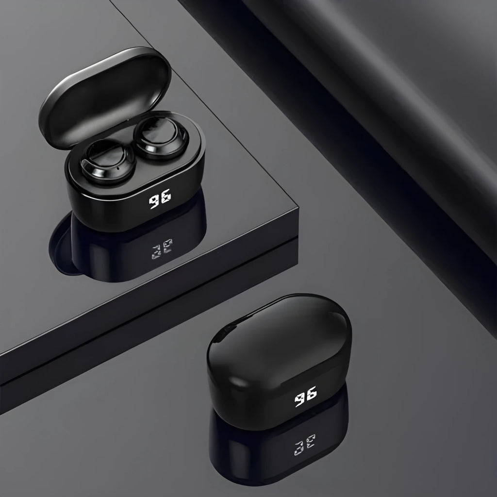 Black in-ear stereo Bluetooth headset with NFC logo, shown on a dark background.