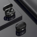 Black in-ear stereo Bluetooth headset with NFC logo, shown on a dark background.