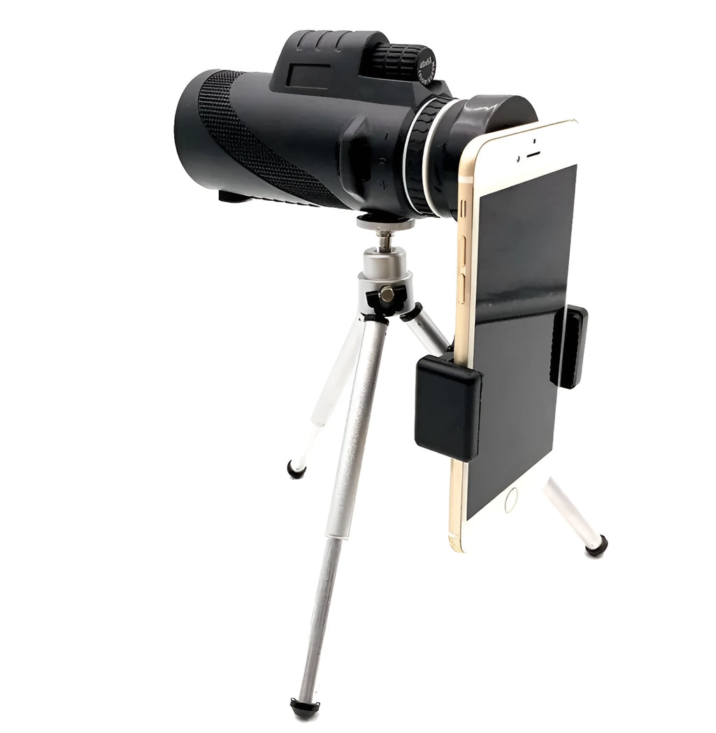 Black 40x60 smartphone monocular telescope with 144mm length on a table.
