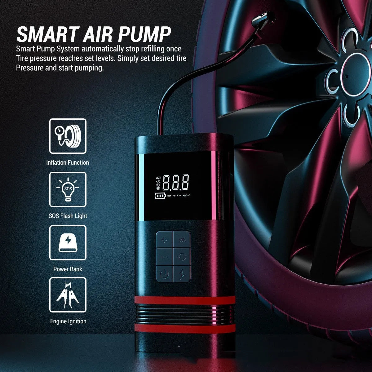 Black wireless emergency car jump starter with USB ports and cables, measuring 19.5x10x5.7cm
