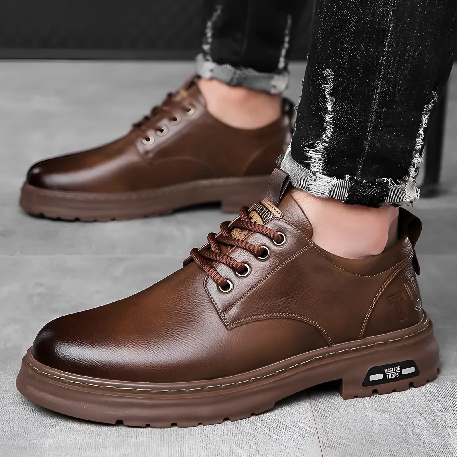 Men's black retro casual leather shoes with round toe and flat square heel on a white background