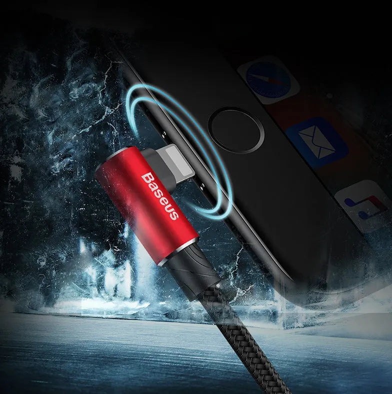 Baseus fast charging data cable for iPhone compatible models, shown in Black, Blue, and Red, 1m or 2m