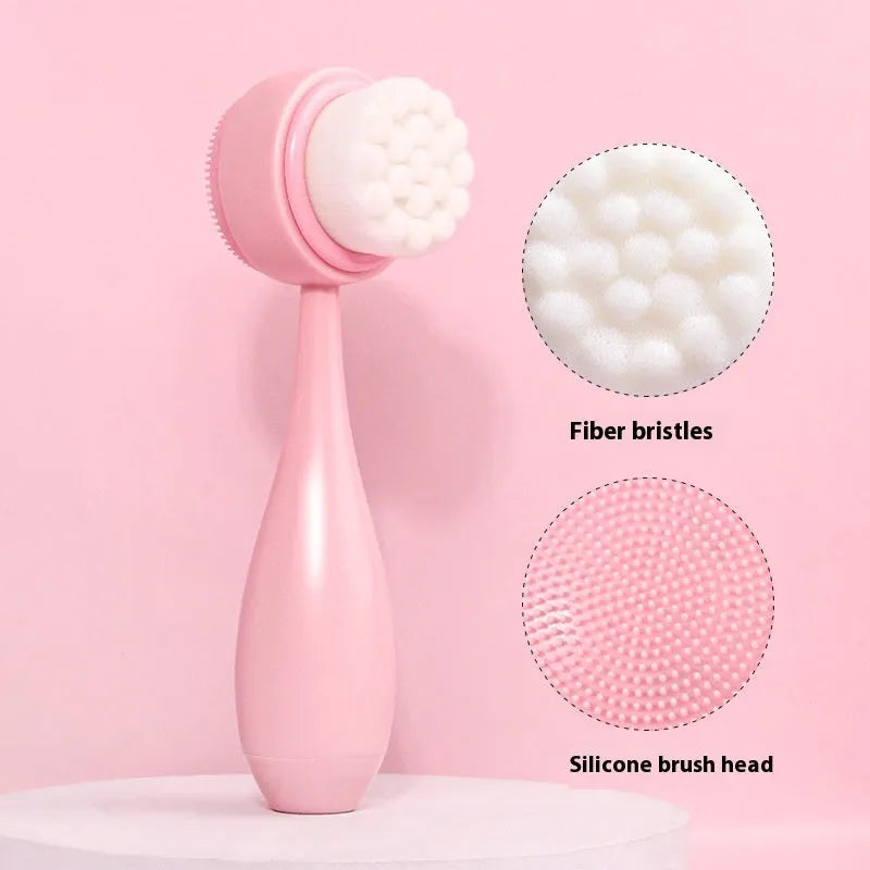Three-piece facial skincare set showing a nylon brush and a coral fleece hair band in purple.