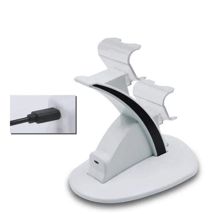 White dual PS4 controller charger with light-up docks showing blue glow and flashing modes